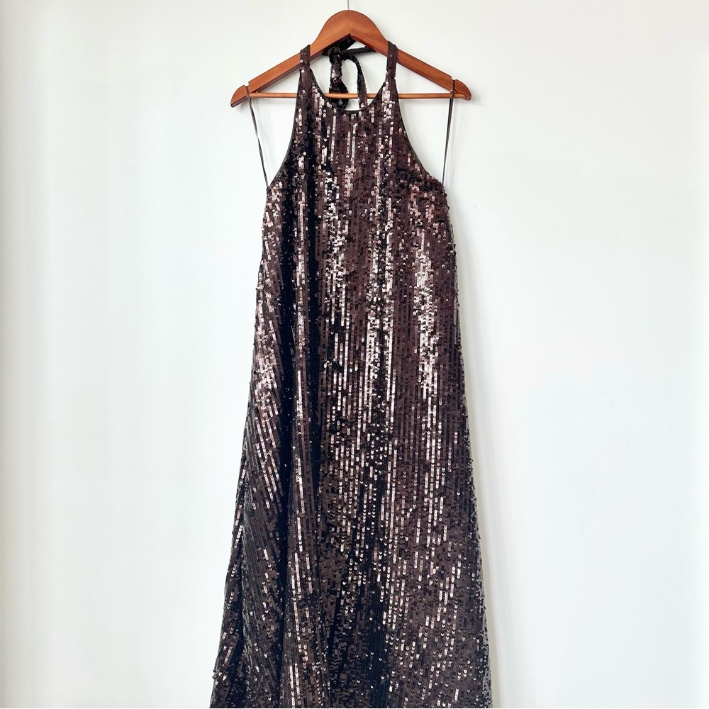 ZARA | NWT SEQUIN HALTER MIDI LONG DRESS CHOCOLATE BROWN SWING LOW BACK SEXY
